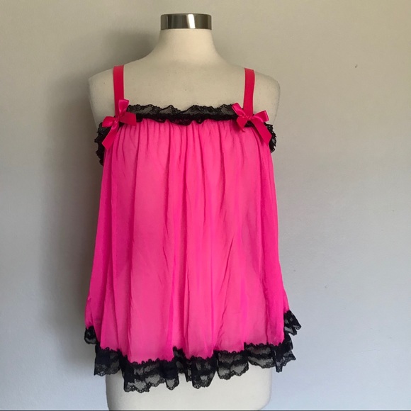 Victoria’s Secret Hot Pink Baby Doll Lingerie Semi-Sheer Top Medium Black Retro - Picture 2 of 8
